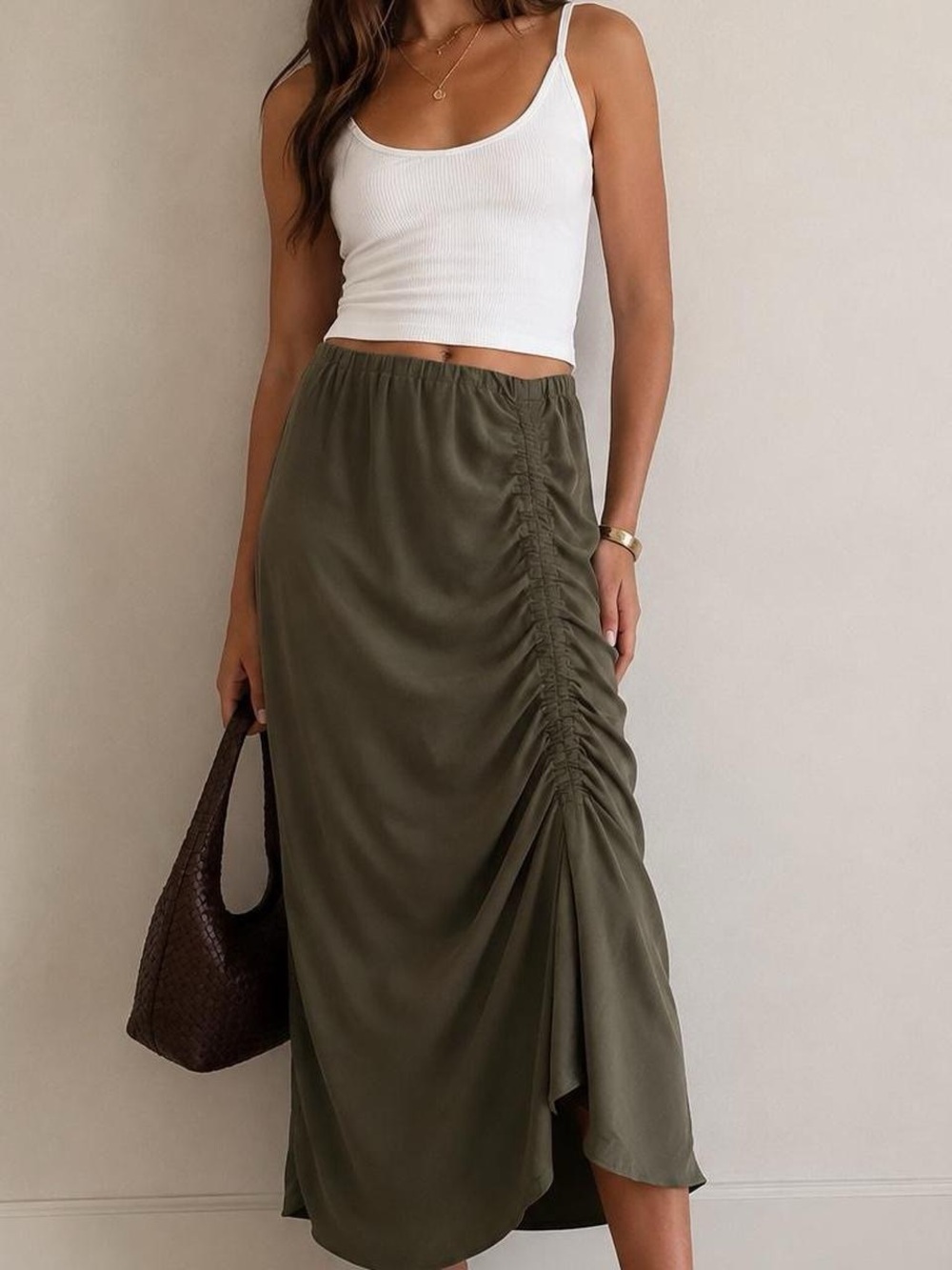 Green Envelope Olive Green Ruched Maxi Skirt Size S